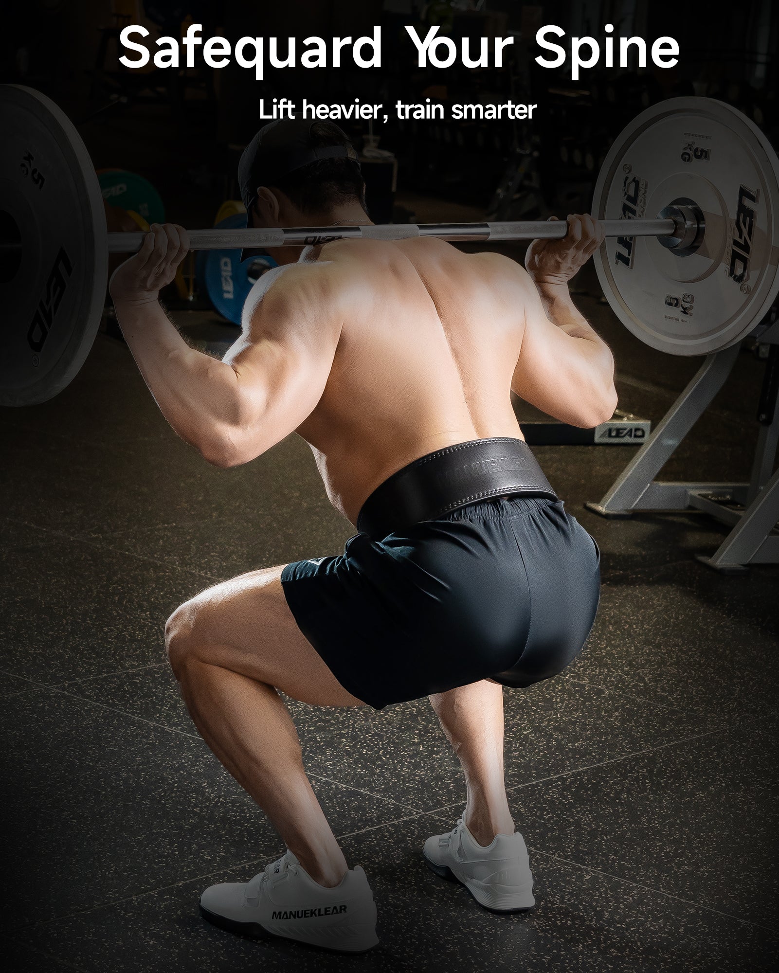 man squatting with weight lifting belt for back support
