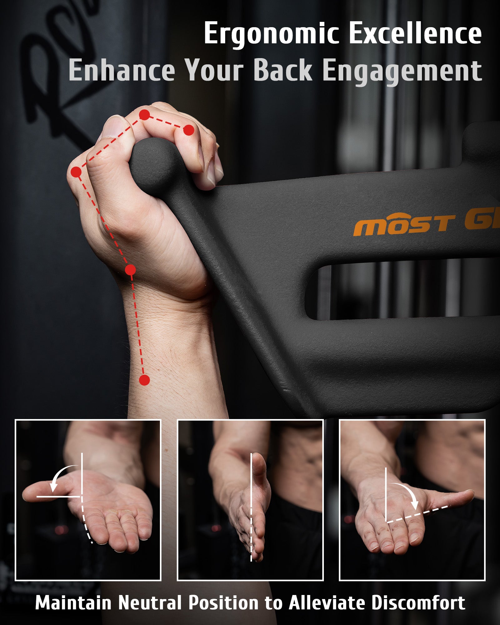 Ergonomic handle design of Mostgrip pulldown bar, showing natural wrist alignment for safer back training