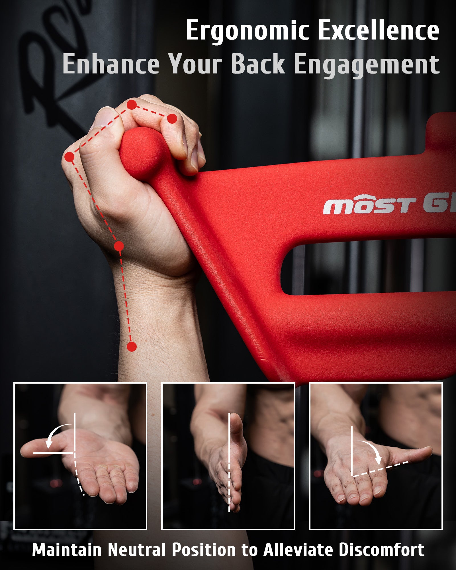 Ergonomic handles of red Mostgrip bar reduce wrist strain, promoting better back engagement