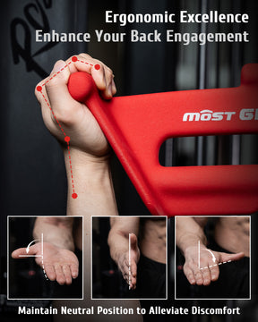 Ergonomic handles of red Mostgrip bar reduce wrist strain, promoting better back engagement