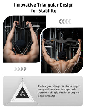 Innovative triangular stability design of Mostgrip LAT pulldown attachment, black ergonomic gym handle in use