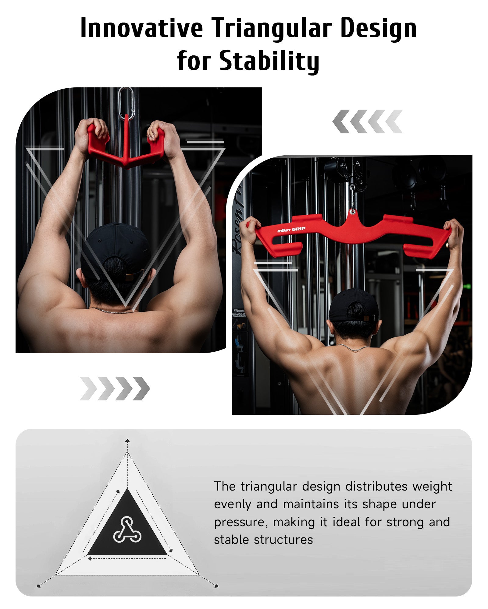 Unique ergonomic grip angles of red LAT pulldown bar, designed for efficient strength training