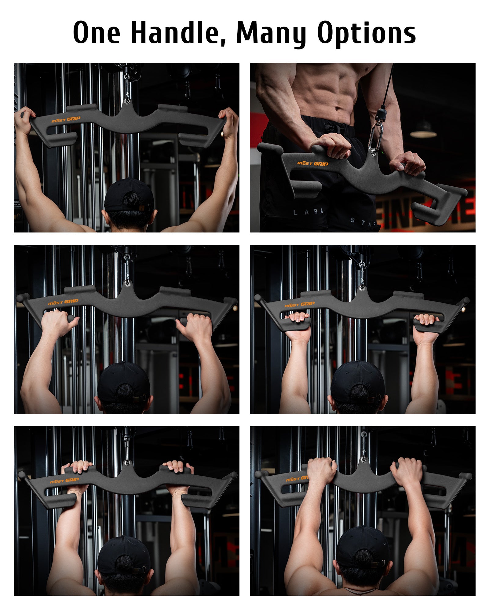 Athlete training with Mostgrip LAT pulldown bar, performing multiple grip exercises on cable machine