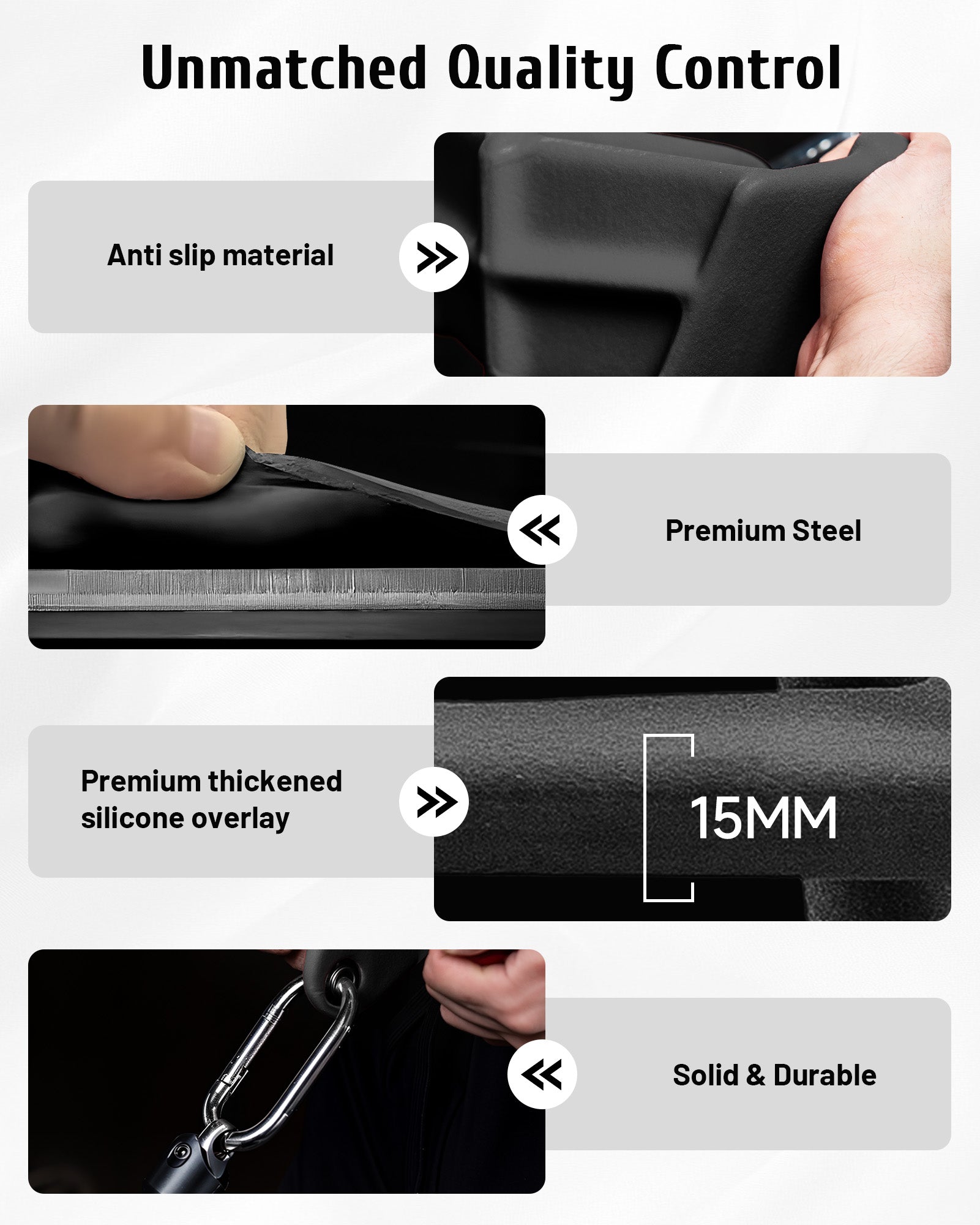 Details of premium black steel construction with thick silicone overlay on Mostgrip LAT pulldown attachments