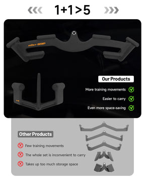 Comparison of Mostgrip LAT pulldown bar set versus other products, showing more grip options and space-saving design