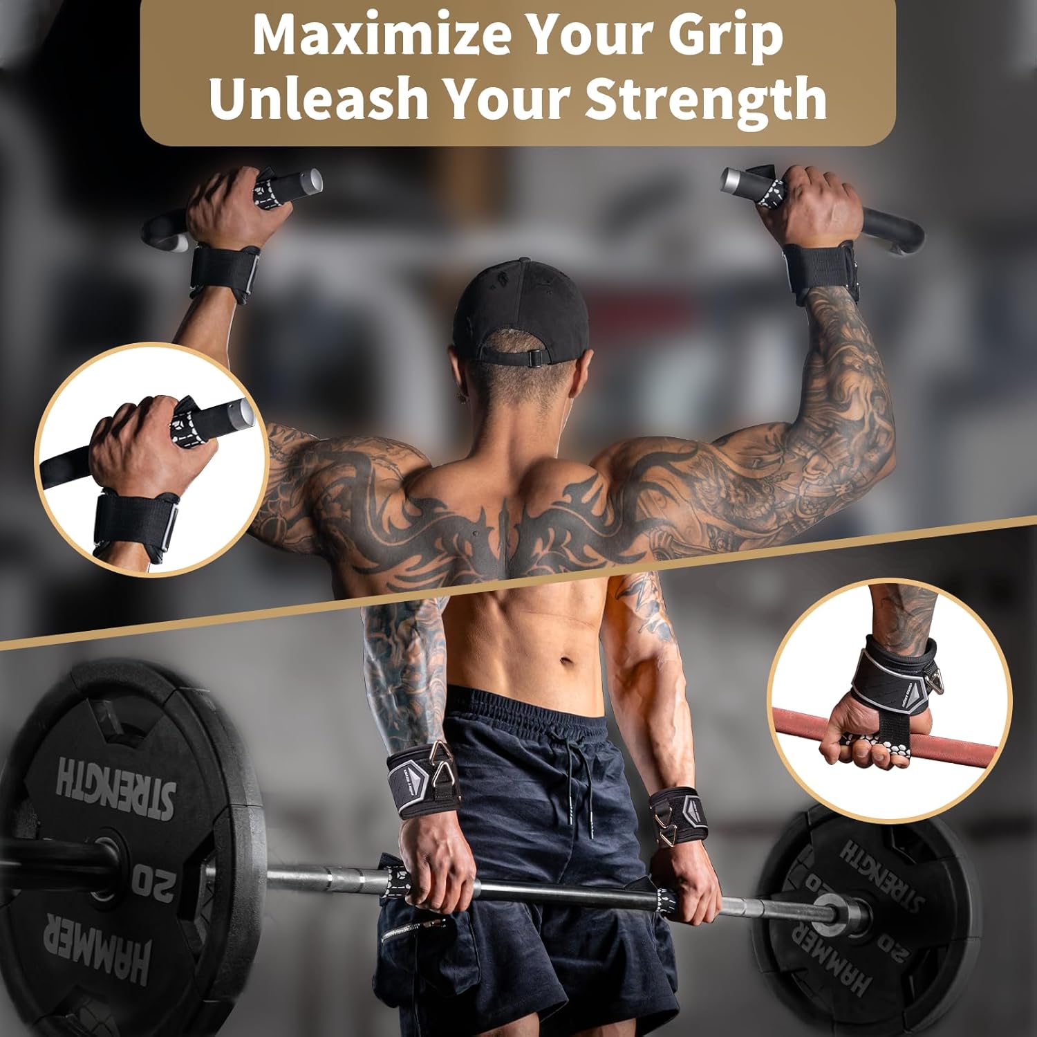 Drip Glue Non-Slip Wrist Straps for Weightlifting, 2-in-1 Lifting Straps with D Rings for Cable Machine Workout, 10mm Neoprene Padded Wrist Wraps for Weight Lifting Deadlift