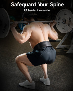 man squatting with weight lifting belt for back support