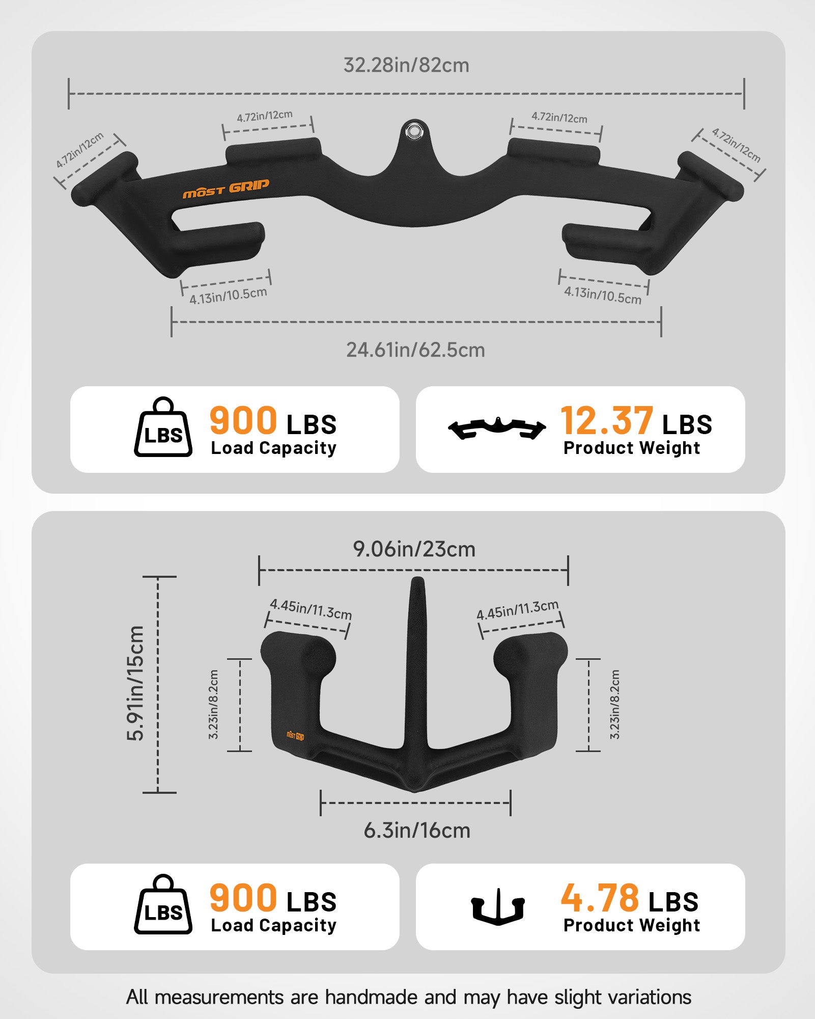 Product dimensions and load capacity of Mostgrip multi-grip LAT pulldown bar and V bar set in black