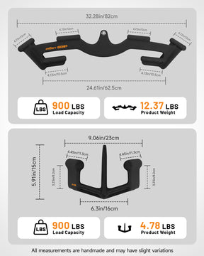 Product dimensions and load capacity of Mostgrip multi-grip LAT pulldown bar and V bar set in black